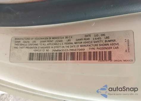 2007 Volkswagen New Beetle 2.5 from USA, damaged, VIN 3VWRW31C57M507089